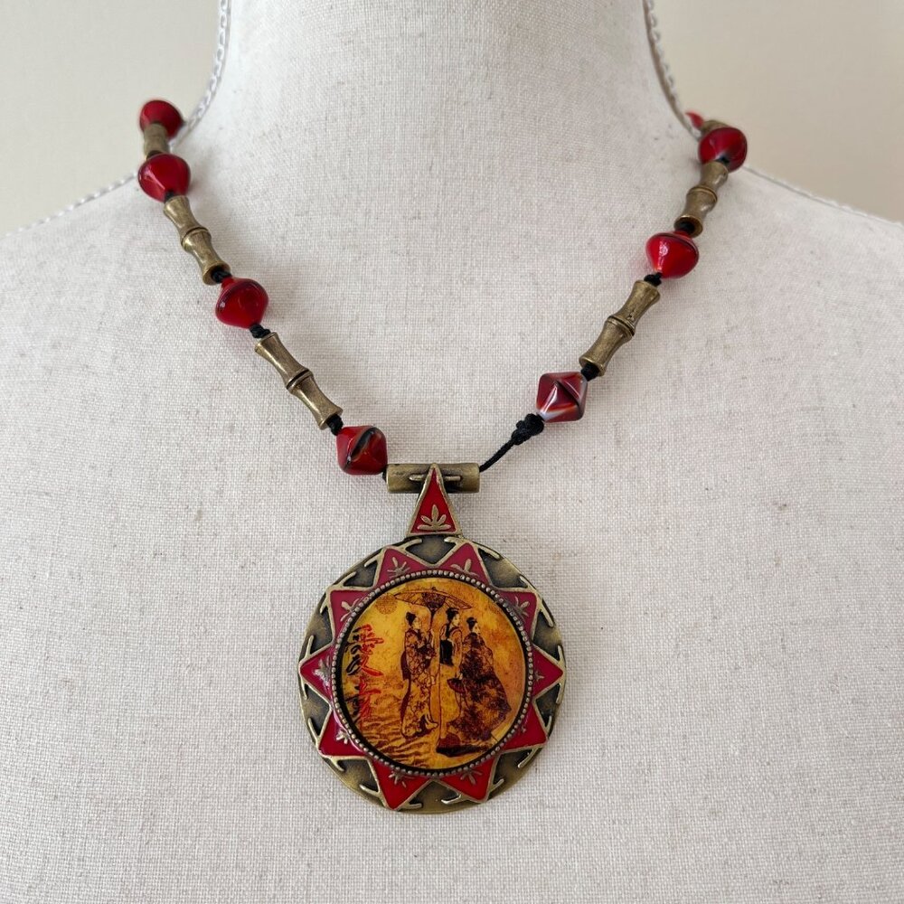 Chico's Oriental Style Red Enamel Glass Metal Bamboo Beads Pendant Necklace